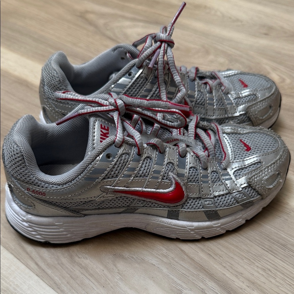 Nike P-6000 Metallic Silver and Red Running Shoes size 1Y